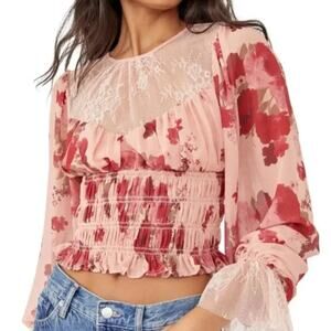 Free People Women's Daphne Long Sleeve Lace  Blouse Size S NWT